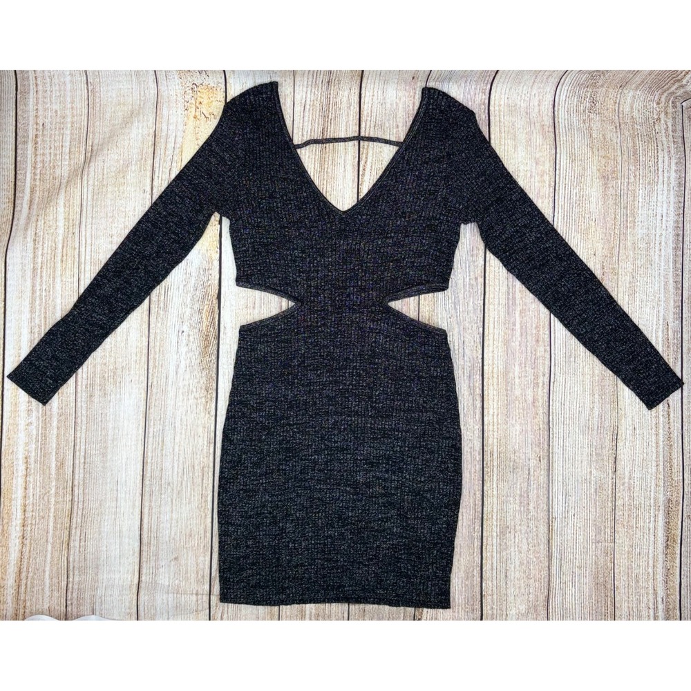 Open Edit Black Silver Metallic Cutout Bodycon Mini Dress XL NWT Ribbed Sparkle